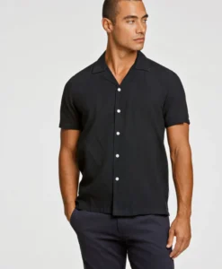 Linen Blend Cropped Shirt - Black