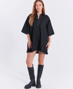 Hannali Aop Denim Dress - Black Pinstripe